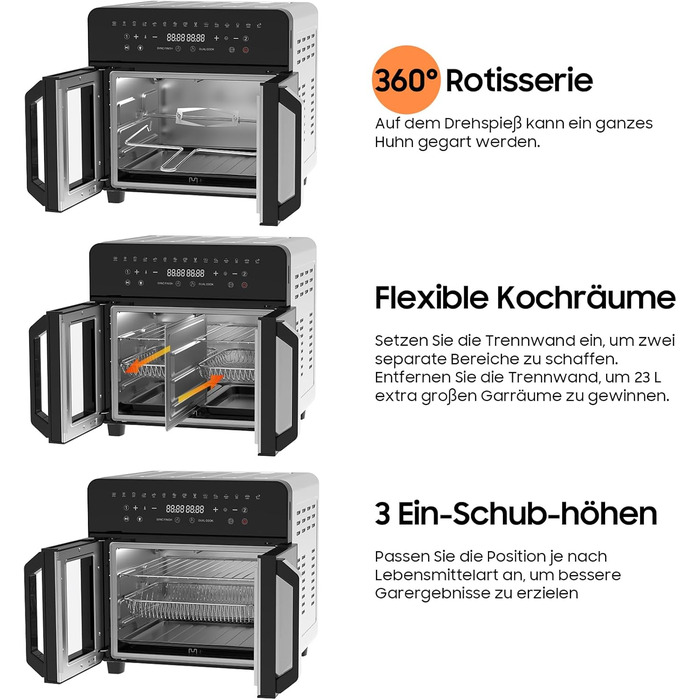 Фритюрниця iceagle 23 л Dual Zone- Мультипіч XXL з французькими дверцятами Духова шафа для фритюрниці з подвійною камерою, 15 програм, 2200 Вт, 12 аксесуарів, знімний роздільник для гнучкого місця для приготування їжі