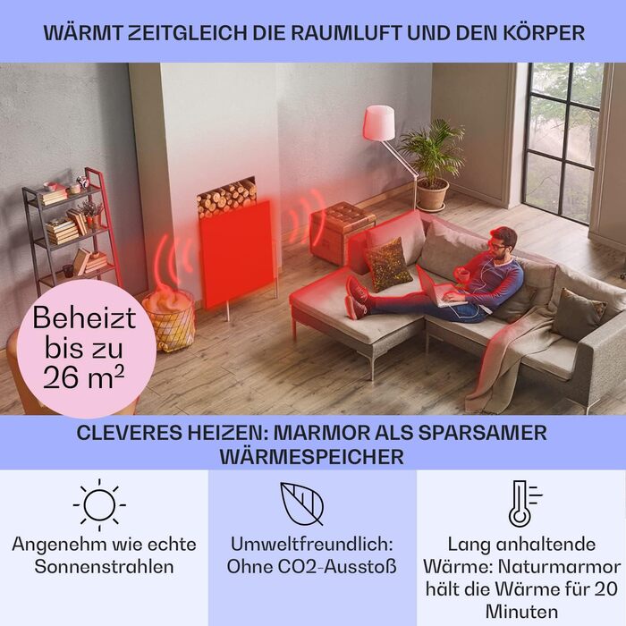 Інфрачервоний обігрівач Klarstein, портативний електричний обігрівач, радіаційний обігрівач для приміщень, енергозберігаючий електричний обігрівач, окремостоячий інфрачервоний обігрівач з мармуровим покриттям, термостат, захист від замерзання, 1300 Вт, ср