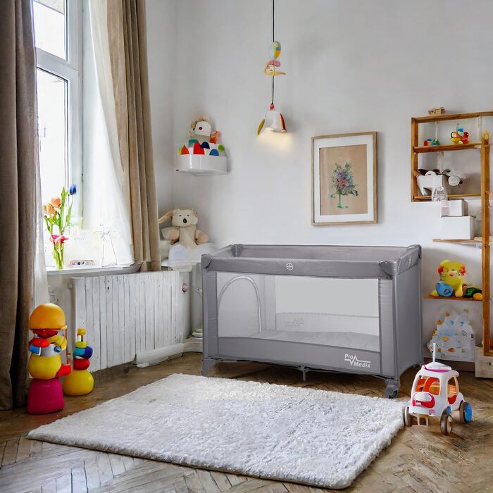 Складане дитяче ліжечко-переноска PR-803 з сумкою та боковим входом, підходить для немовлят та малюків, 2 колеса, 125x65x74 см (сіре)