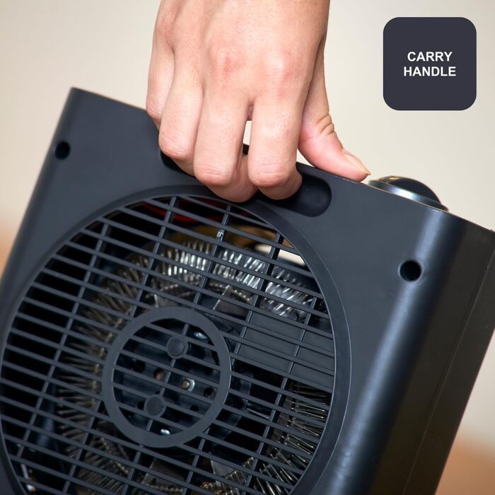 Компактний обігрівач потужністю 2000 Вт Регульовані рівні потужності 3 режими роботи Регульований електронний термостат Система захисту від перекидання Матово-чорний та сірий 2000 Вт Компактний, 2003E