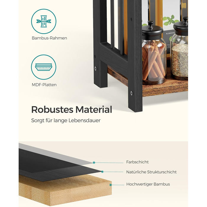 Рівнева полиця для спецій, кухонна полиця, полиця для зберігання, стільниця, бамбукова рама, для кухні, їдальні, офісу, вінтажний коричнево-чорний OFS047B01 3 яруси (41Ш см) вінтажний коричневий чорний, 3-