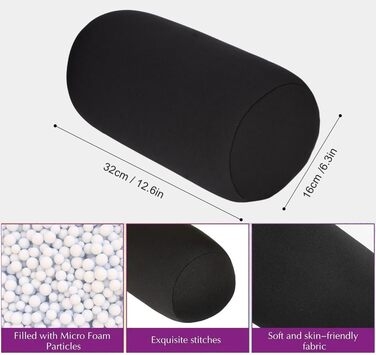 Подушка з мікробісеру, подушка для шиї, подушка з мікробісеру, мікро-міні-подушка з мікробісеру для спини, декоративна подушка в рулоні, дорожня, домашня, для сну, зручна (розмір 32 x 16 см), чорна