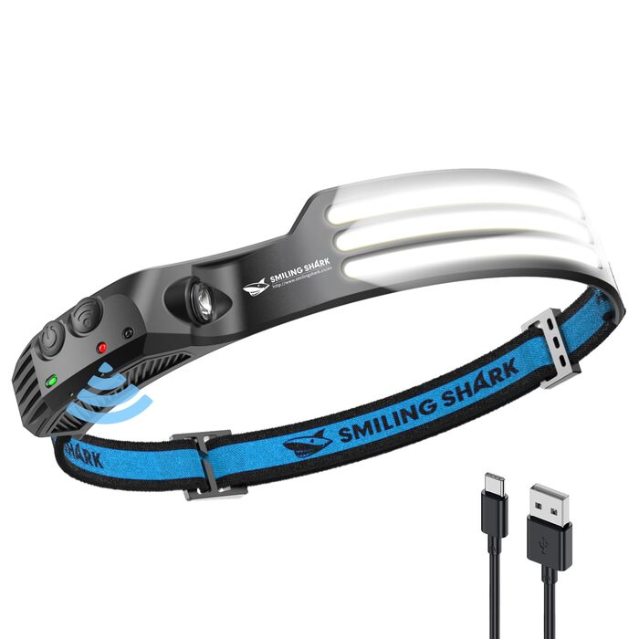 Налобний ліхтар Smiling Shark, ширококутний 230, 3*світлодіодна біла світлова стрічка, найяскравіший налобний ліхтар, акумуляторний, водонепроникний налобний ліхтар для кемпінгу, бігу, риболовлі, налобний ліхтар-світлодіодний налобний ліхтар-кемпінговий н