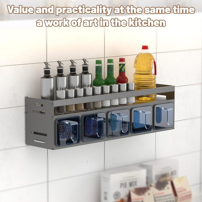 Настінна полиця для спецій Soontrans, 40 x 10,7 x 12,3 см, Кухонна настінна полиця з 5 коробками для спецій, металева полиця для спецій (не потребує свердління), підвісна кухонна полиця, органайзер для спецій для кухонної стільниці та шафи