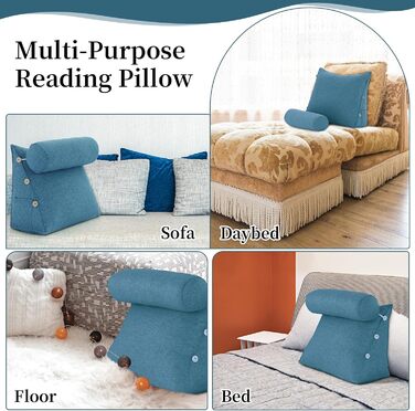 Клиноподібна подушка для читання для ліжка, регульована декоративна подушка для читання, трикутна подушка, клиноподібна подушка для дивана для поперекового відділу хребта, подушка для підтримки шиї та спини зі знімним лляним чохлом, синя, 60 см