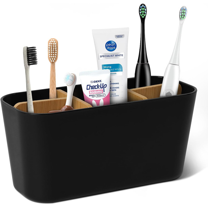 Тримач для зубних щіток Votoko, Пластиковий тримач для зубних щіток з бамбуковими перегородками, Підставка для зубних щіток з 4 ві