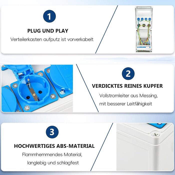 Настінний розподільний щиток живлення, попередньо підключений, 4 шт. 230 В 2 шт. CEE 16 A CEE 32 A, розподільний щиток живлення для будівельного майданчика з пристроєм захисного відключення (RCD) 50 А та автоматичним вимикачем, водонепроникний корпус IP67