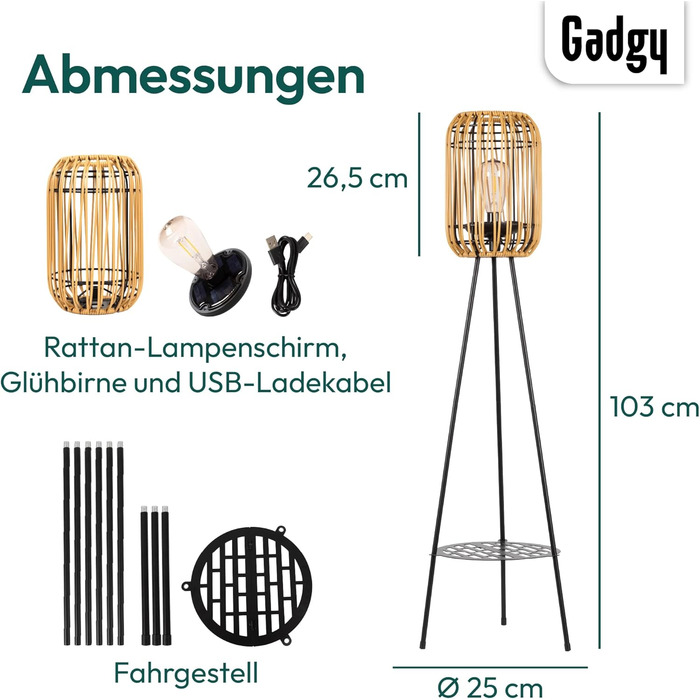 Вуличний світлодіодний сонячний торшер Gadgy - Водонепроникний садовий торшер - Сонячний балконний торшер для сталого освітлення - Світлодіодний зовнішній торшер-штатив - Сонячна лампа з натурального ротанга