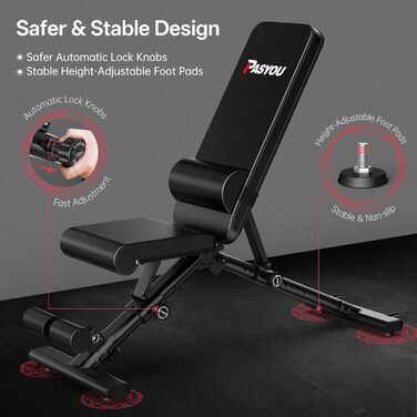 Регульована лава для штанги PASYOU з багатофункціональною тренувальною лавкою на 90 градусів, похила лава, швидко складана лава для жиму лежачи для домашнього використання, вантажопідйомність 400 кг, стійка для штанги