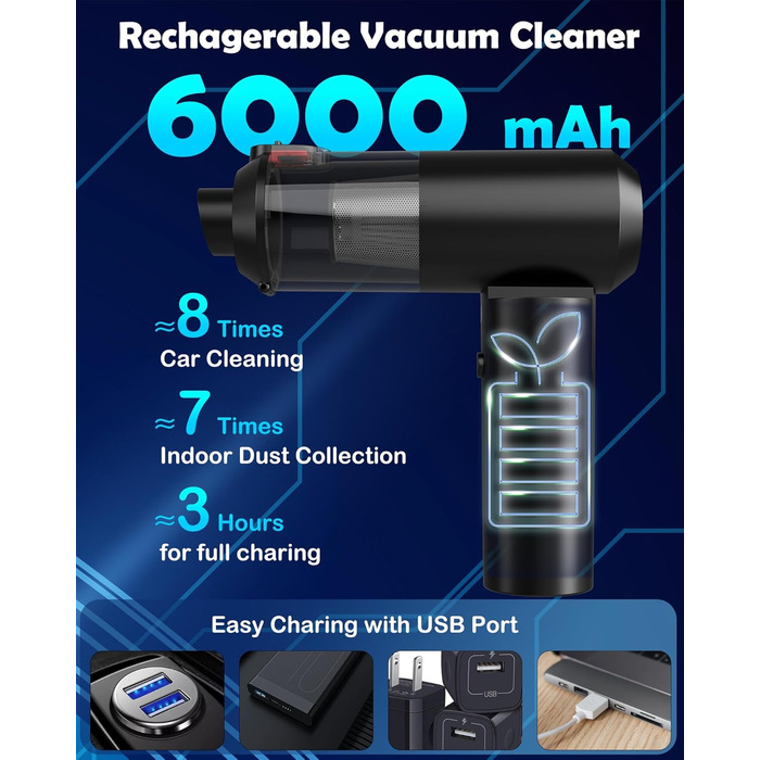 Автомобільний пилосос JUGVOLX 4-в-1 Потужний міні-пилосос 16KPa акумуляторний, 2-швидкісний 200000 об/хв електричний пилосос з без