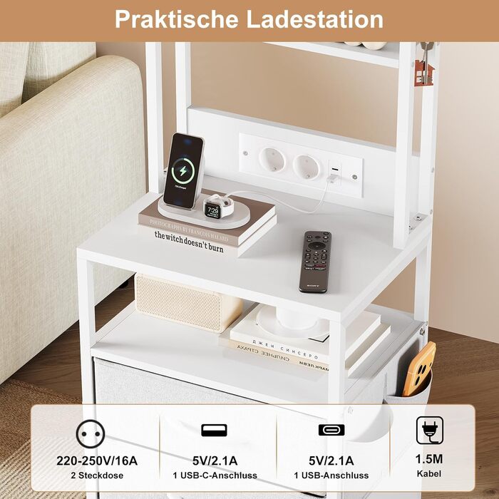 Приліжковий столик Dripex із функцією зарядки та світлодіодним підсвічуванням, бічний столик із 3 тканинними шухлядами, тумбочка з книжковою полицею, відкритим відділенням, 2 порти змінного струму, 1 USB та 1 порт типу C, для спальні, вітальні, офісу (біл