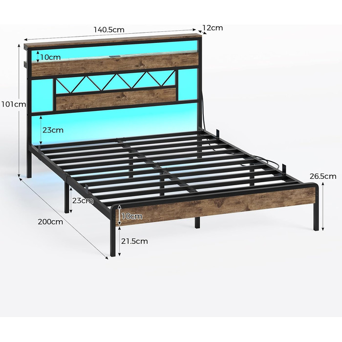 Ліжко 140x200 зі світлодіодним освітленням, каркас ліжка 140x200 з металевою рейковою основою, металеве ліжко з розеткою, дерев&39яне узголів&39я з 2 відкритими полицями, місце для зберігання речей під ліжком, спальня, вінтажний коричневий 140 x 200 см