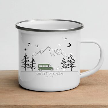 Емальована кружка Маленька Матильда, барвиста персоналізована кемпінгова кружка з іменем для кемперів, кавова кружка, аксесуар для караванів, кружка з нержавіючої сталі, подарунок для кемперів (зелений колір)