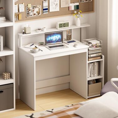 Комп&39ютерний стіл Mondeer з регульованою полицею, компактний офісний стіл з підставкою для монітора, 110 x 48 x 93 см, для кабінету, офісу, спальні, білий дерев&39яний композит