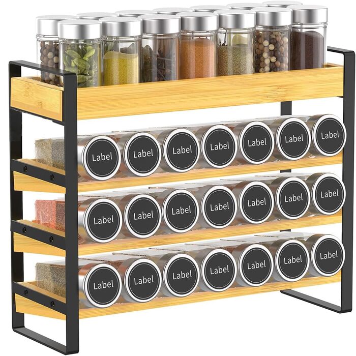 Рівнева дерев&39яна підставка для спецій, стояча підставка для спецій, на 35 пляшечок зі спеціями (скло не входить до комплекту), для кухонь, шаф, комор, стільниць, органайзер для спецій., 4-