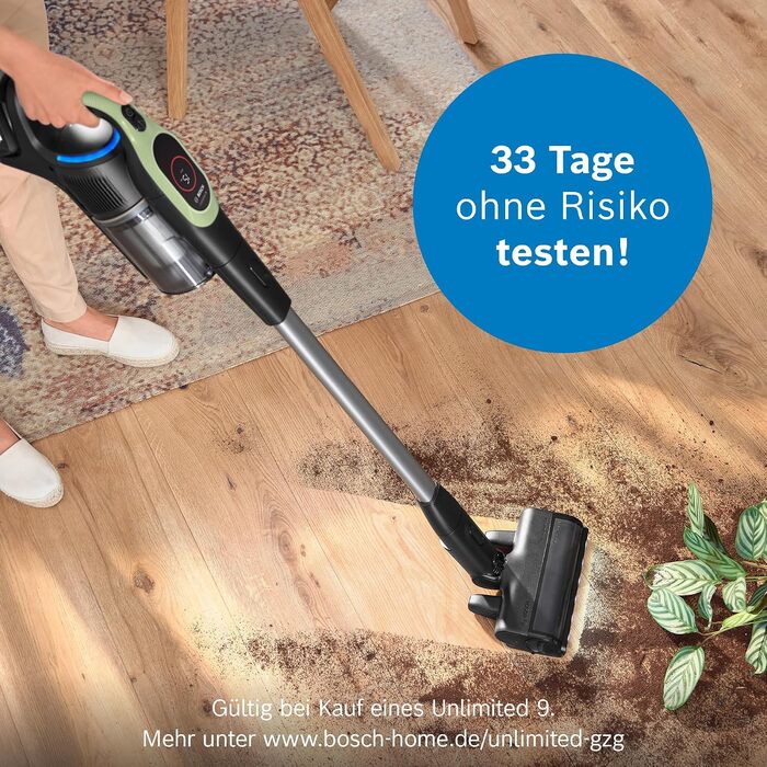 Акумуляторний пилосос Bosch Unlimited 9 BBS921TBA, бездротовий, MicroClean Technology, дисплей, компресія пилу, HEPA-фільтр, 10 років гарантії на двигун, змінний акумулятор, LED-підсвітка, щілина для вузьких місць, зелений