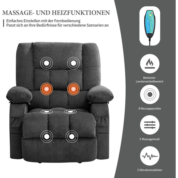 Регульоване крісло для телевізора Bosmiller з електричним підйомником, функцією обігрівача, масажу та підігріву, сірого кольору