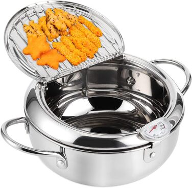 Глибокий горщик, японський горщик для смаження, японський горщик для фритюрниці темпура з термометром, маленький горщик з нержавіючої сталі з термометром, кришкою та сушаркою для картоплі фрі, креветки