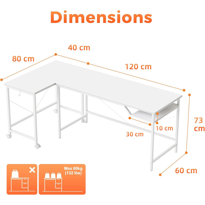 Комп'ютерний стіл Mericonia, 160 x 80 см, метал / дерево, білий