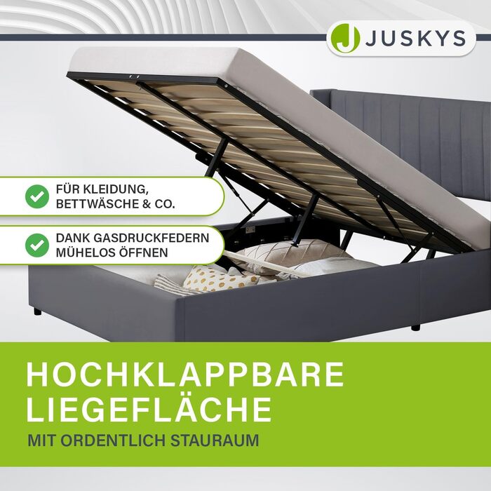 Ліжко Juskys Savona з м&39якою поверхнею 120x200 см, ліжко з місцем для зберігання, рейкова основа, оксамитовий чохол, дерев&39яний каркас ліжка, до 250 кг, велике узголів&39я, темно-сірий колір 120 x 200 см