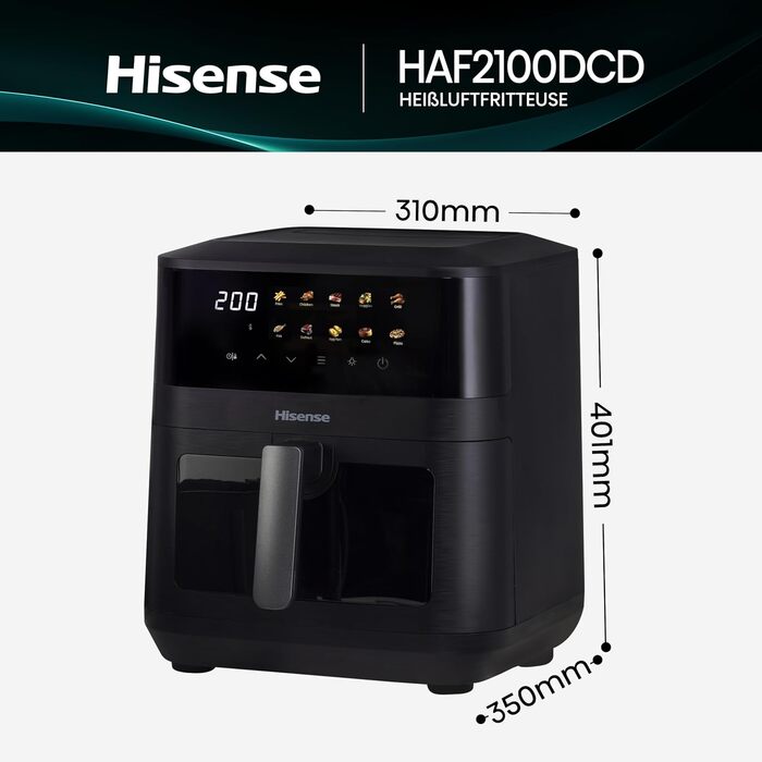 Аерофритюрниця Hisense HAF2100DCD, 2100 Вт, 7.7 л, 10 програм, антипригарне покриття, функція відкладеного старту, чорна