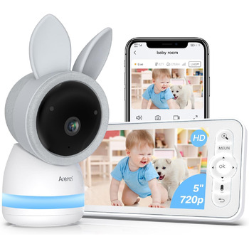 Монітор ARENTI з камерою 2K/3MP, 5-дюймовий відеоняня Wi-Fi PTZ 355, ІЧ-нічне бачення, нічне світло, колискові, дисплей температур