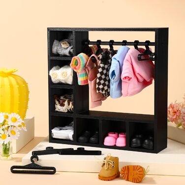 Шафа для ляльок, 20x20x5 см, Пластикова шафа для ляльок з 10 вішалками для організації одягу, взуття, капелюхів, сонцезахисних окулярів, сумок, різноманітного одягу та аксесуарів (чорна)