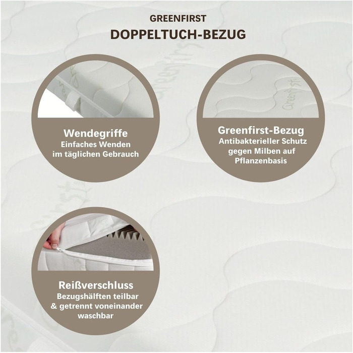 Матрац 90x200, висота 18 см, рівень жорсткості H4, 7-зонний матрац з холодної піни 90x200 см, антибактеріальний чохол Active Greenfirst, ідеально підходить для алергіків, можна прати, має 4-сторонню блискавку H4 90 x 200 см