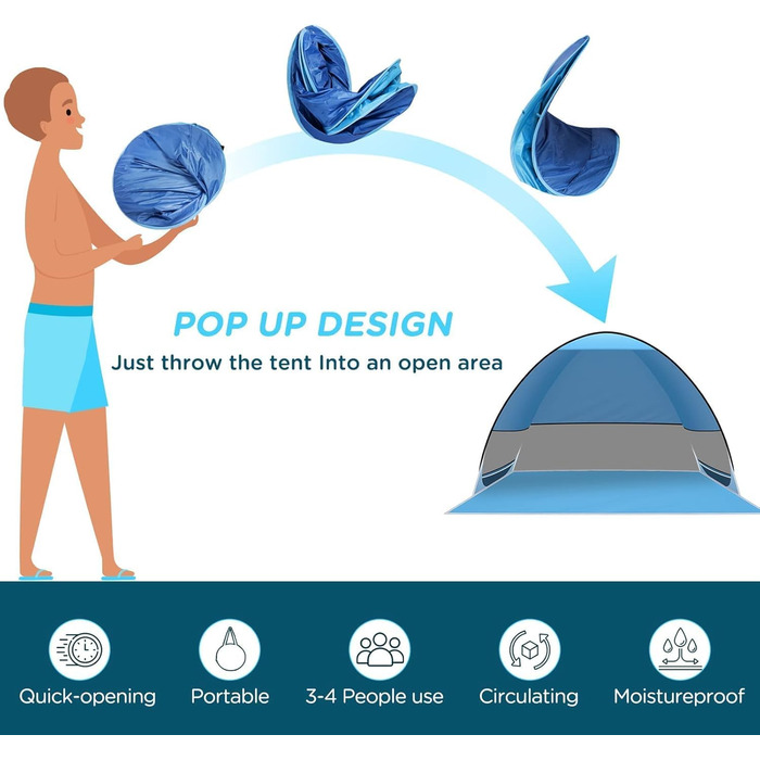 Пляжний намет-розкладний намет, портативний надлегкий автоматичний пляжний намет із захистом від сонця UPF 50 для 3-4 осіб, пляжний намет, сімейний захист від сонця, пляжний кемпінг, піший туризм, сад