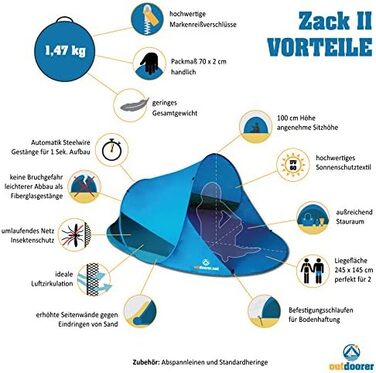 Навіс для відпочинку на пляжі Zack II - Навіс для пляжу з УФ-захистом 60, захистом від сонця та вітру на пляжі (синій)