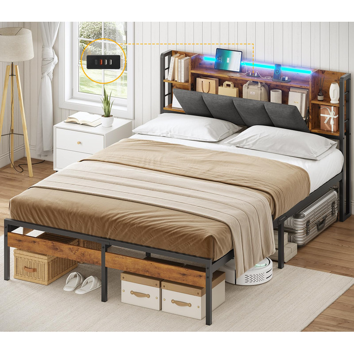 Ліжко AOGLLATI каркас 140x200 зі світлодіодним освітленням та функцією заряджання через USB, металевий каркас ліжка з узголів&39ям для зберігання речей, м&39яке узголів&39я, дитяче ліжко, двоспальне ліжко з рейковою основою (140 x 200 см)