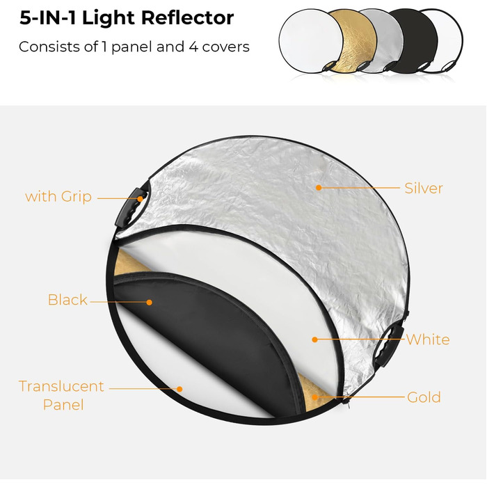 В-1 рефлектор для фотографії (80 см/32 дюйми), складаний відбивач з сумкою для перенесення та подвійною ручкою, напівпрозорий, сріблястий, золотий, білий та чорний круглі відбивачі для фотозйомки, зовнішнє освітлення 80 см з ручкою, 5-