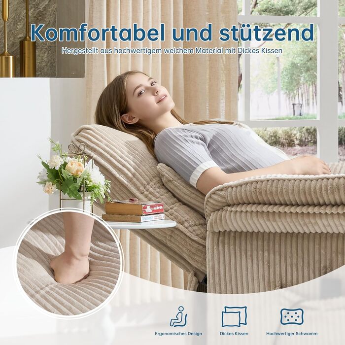 Моторне електричне крісло-реклайнер, крісло для телевізора з функцією відкидання, крісло для телевізора у вітальні з колесами, регульована спинка та підставка для ніг, 2 бічні кишені, вельветовий диван, бежевий, 2-