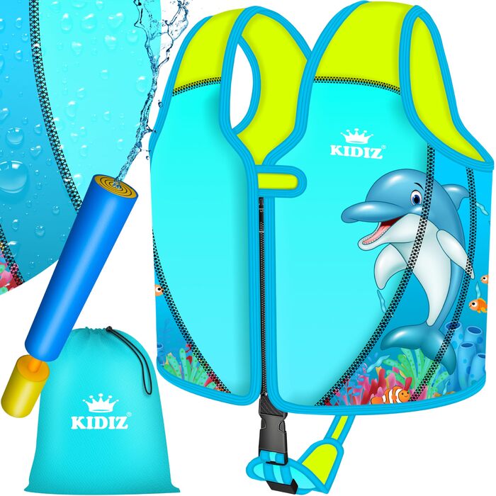 Дитячий рятувальний жилет KIDIZ L 5-9 років Засіб для плавання для хлопчиків та дівчаток, плавальний жилет для немовлят та малюків Плавальний жилет із застібкою на липучці Неопреновий плавальний жилет з водяним пістолетом Регульований ремінь безпеки, світ