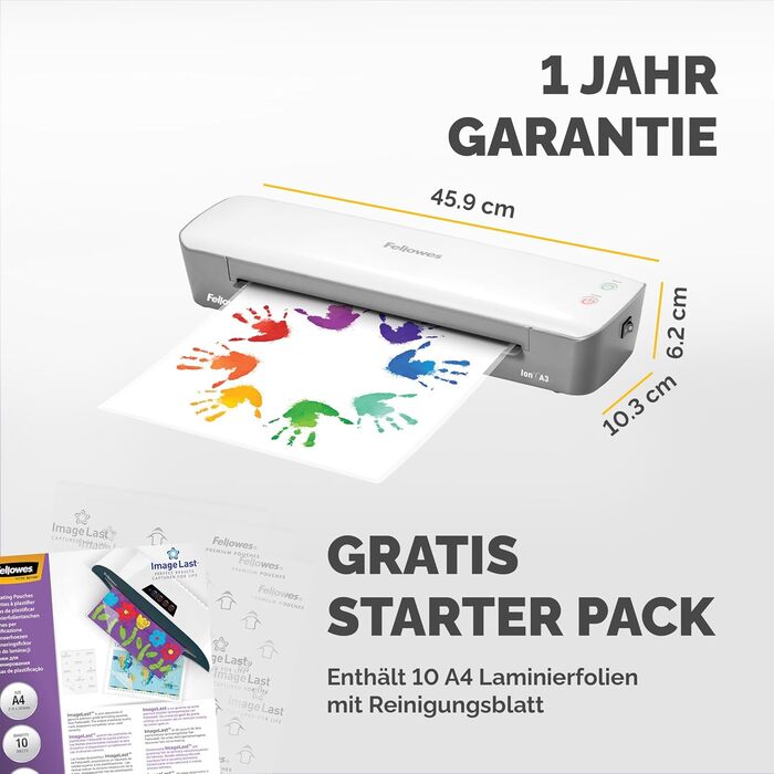Ламінатор Fellowes Ion A3 для офісу та домашнього офісу - пакети для гарячого ламінування товщиною до 125 мікрон - в комплекті 10 пакетів для ламінування A4