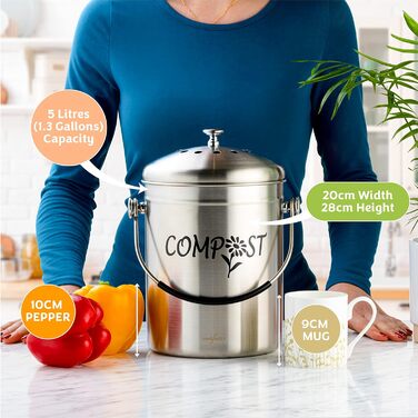Компостний контейнер для кухні з нержавіючої сталі без запаху - контейнер для органічних відходів - з безкоштовними фільтрами з ак