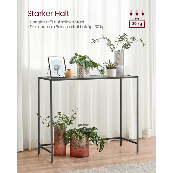 Консольний столик VASAGLE, бічний столик, стільниця із загартованого скла, сучасний диван-столик, легке складання, регульовані ніжки, вітальня, передпокій, чорно-сланцево-сірий LGT132B01 Чорно-чорний шиферно-сірий 1 рівень (20Г x 100Ш см)