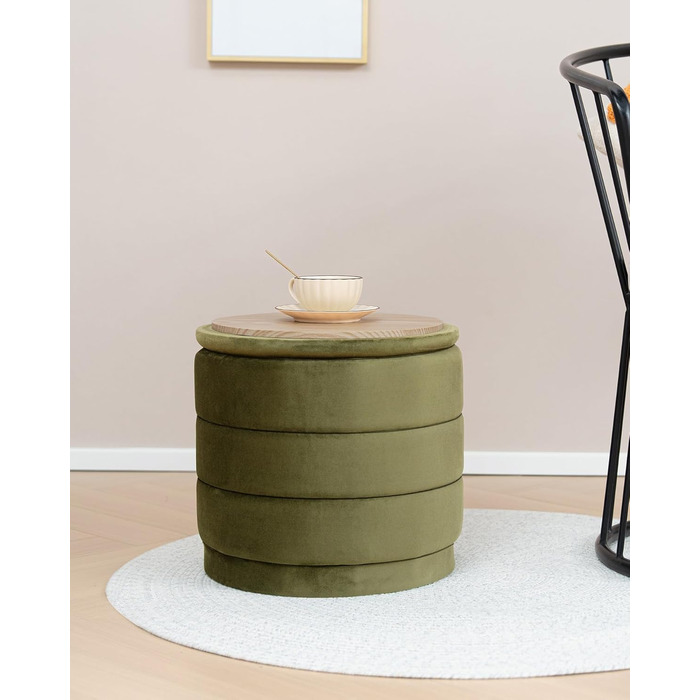 Круглий пуф Bonlife з кришкою, складна підставка для ніг зі столиком, пуф для вітальні, спальні, коридору, оливковий оксамит, 39x39x37 см 39 см оливковий