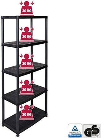Пластиковий стелаж Kreher, стелаж для зберігання з 5 полицями, чорний. Вантажопідйомність 150 кг. 71 x 38 x 171 см. Сертифіковано TV Rheinland.