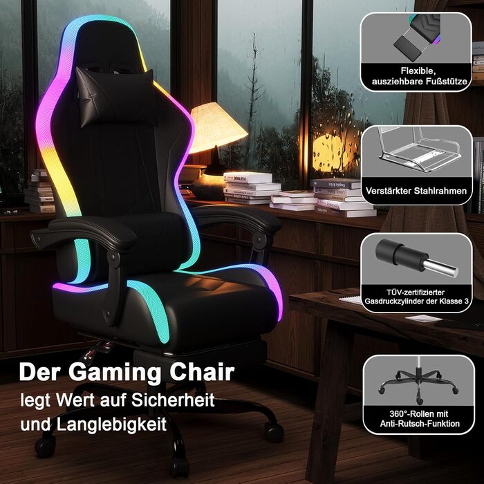 Ігрове крісло JUMMICO зі світлодіодним освітленням, круте гоночне ігрове крісло, ергономічне офісне крісло з функцією масажу, регульована спинка 90-135, з телескопічною підставкою для ніг, ігрове крісло вантажопідйомністю 150 кг, чорне