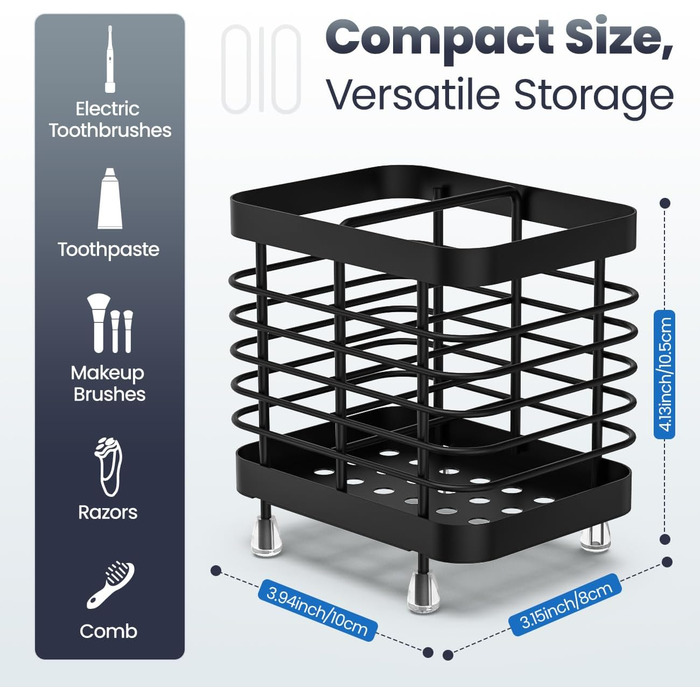 Тримач для зубної щітки Luxspire, тримач для електричної зубної щітки з нержавіючої сталі, настінний тримач для зубної щітки без свердління зі зливними отворами для органайзера для зубної пасти у ванній кімнаті, тримач головки для зубної щітки, чорний