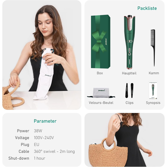 Автоматична плойка, автоматична плойка Janelove великі локони для довгого волосся, негативний іонний бігуді з 4 температурами 25 м