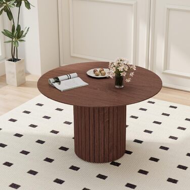 Сучасний круглий обідній стіл у стилі вабі-сабі, темно-коричневий з дерев&39яною текстурою та циліндричною основою, 120 x 120 x 76 см