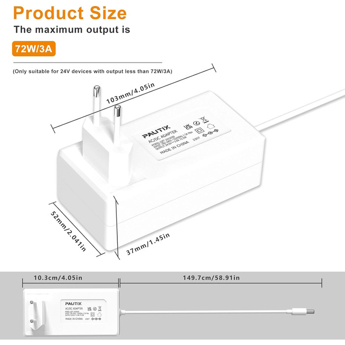 Світлодіодна стрічка PAUTIX Штекер ЄС DC24V 2A Блок живлення для світлодіодної стрічки, світлодіодний драйвер адаптера живлення AC100-240, максимальний блок живлення 48 Вт (білий 24 В/3 А)