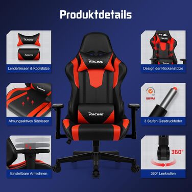 Геймерське крісло, ергономічне офісне крісло з регульованою поперековою опорою, підголівником та підлокітниками, м&39яке ігрове крісло, функція гойдання, вантажопідйомність 150 кг, червоне