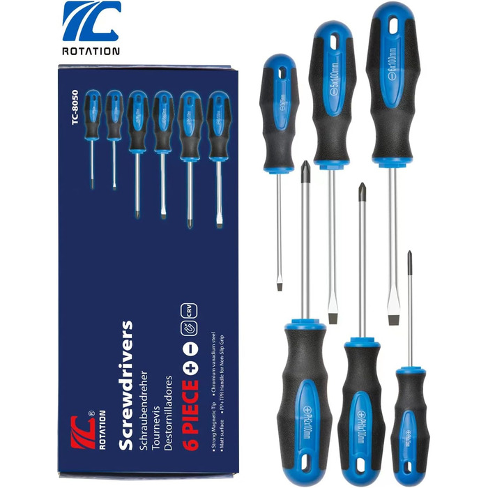 Набір викруток ROTATION 6 предметів з магнітними наконечниками 3 хрестові та 3 плоскі викрутки, професійна ручка-подушка 6-частинний набір ручного інструменту, синій