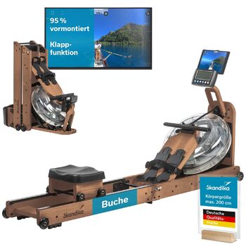 Дерев&39яний складний водний гребний тренажер Skandika Nytta Дерев&39яний водний гребний тренажер з баком 45, зібраний на 95, швидке складання, виготовлений з масиву європейського бука, сумісний із додатком Kinomap, домашній гребний тренажер, темний бук