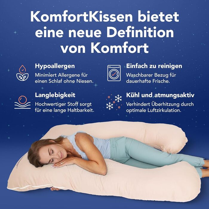 Подушка для сну на боці MKS з чохлом Комфортна подушка (100 x 150 см) Подушка для сну Подушка для сну на боці U-подібної форми Ергономічна преміальна охолоджувальна м&39яка подушка (бамбук (Охолоджувальна) / бежевий) бежевий - бамбук