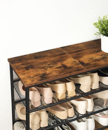 Взуттєва полиця HOOBRO, 4 полиці для взуття, шафа для взуття, регульована металева сітчаста полиця, містка верхня частина, для 12-15 пар взуття, вхід, коридор, індустріальний стиль, вінтажний коричнево-чорний EBF42XJ01 темно-коричневий чорний 75 x 30 x 69