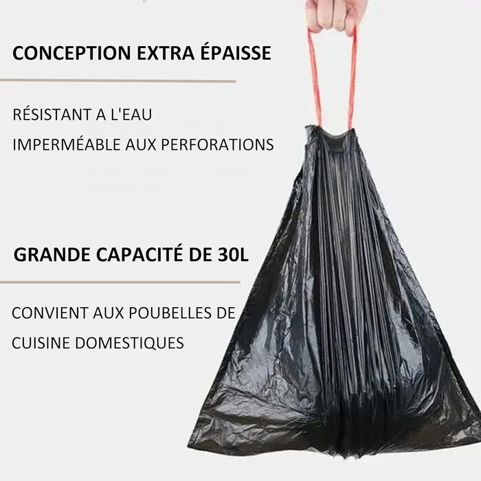 Сміттєві пакети об&39ємом 30 л, 200 шт. , зі шнурком, сміттєві пакети з ручкою, супергерметичні, 10 рулонів, пакети для сміття зі шнурком, 30 літрів, великі, 62 x 54 см, чорні
